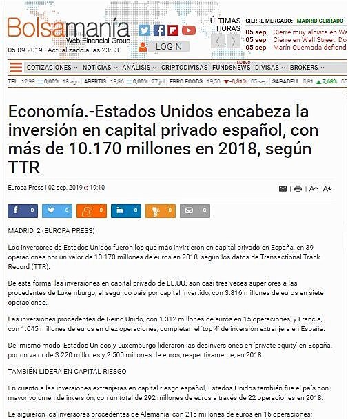 Estados Unidos encabeza la inversin en capital privado espaol, con ms de 10.170 millones en 2018, segn TTR